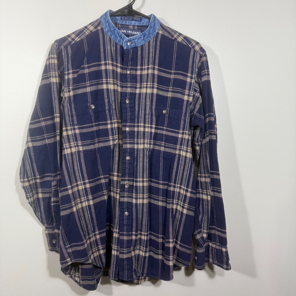 Vintage Van Heusen Flannel Shirt Blue‎ Plaid Long Sleeve Denim Collar Medium